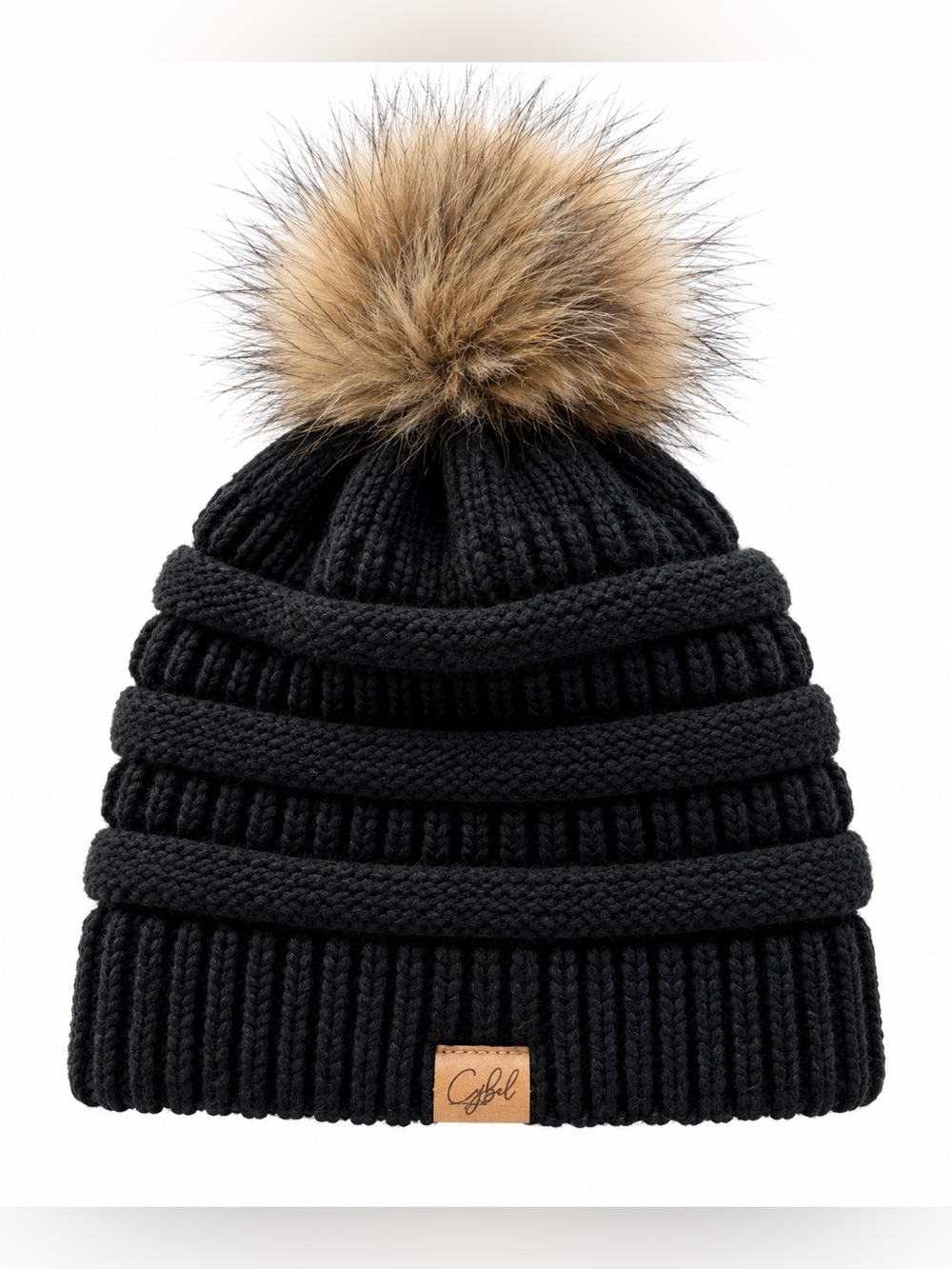 Cybel Black Ribbed Knit Fleece-Lined Beanie Hat with Faux Fur Pom Pom